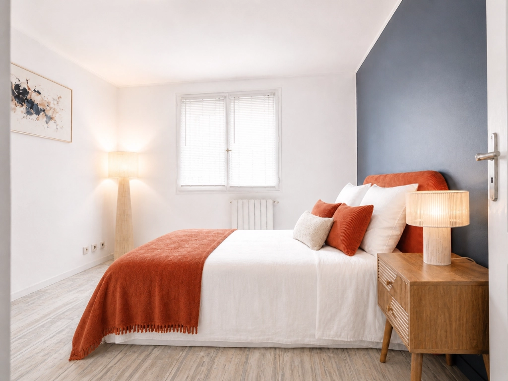 Chambre décorée après mise en scène temporaire