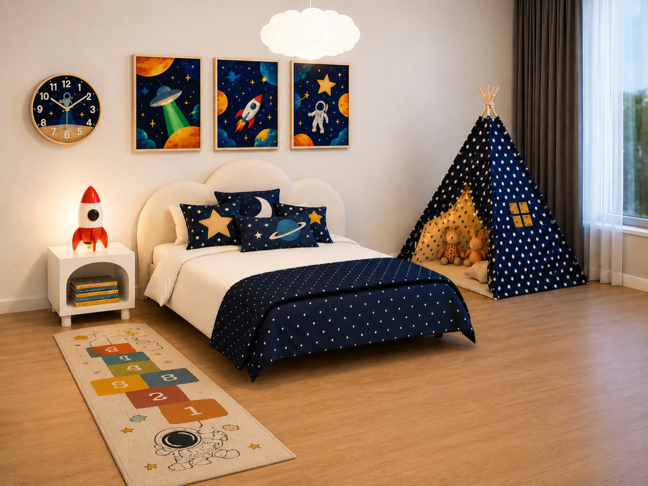 Chambre d'enfant sur le thème de l'espace avec tipi