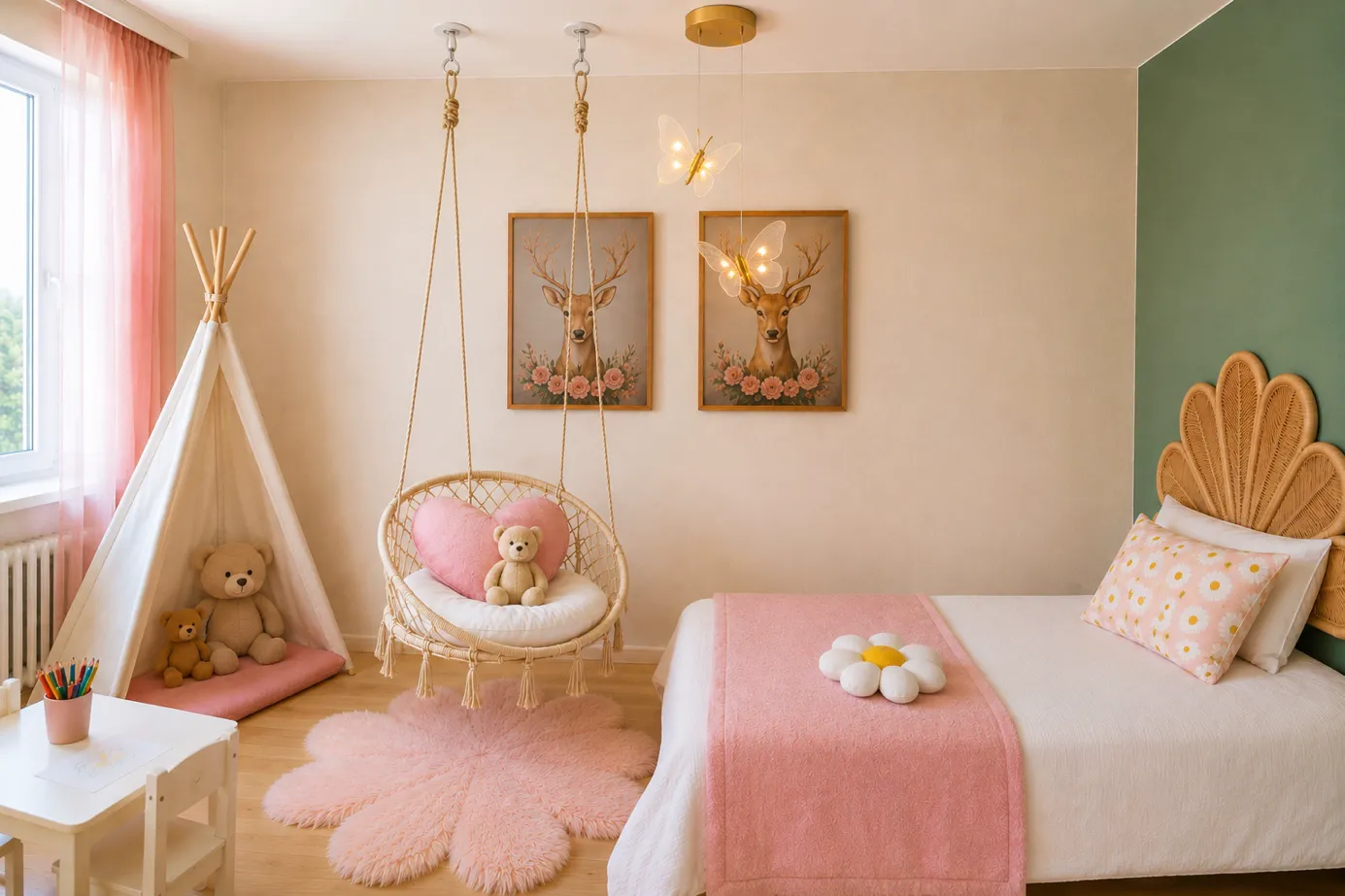 Chambre de fille avec tipi rose et balançoire suspendue