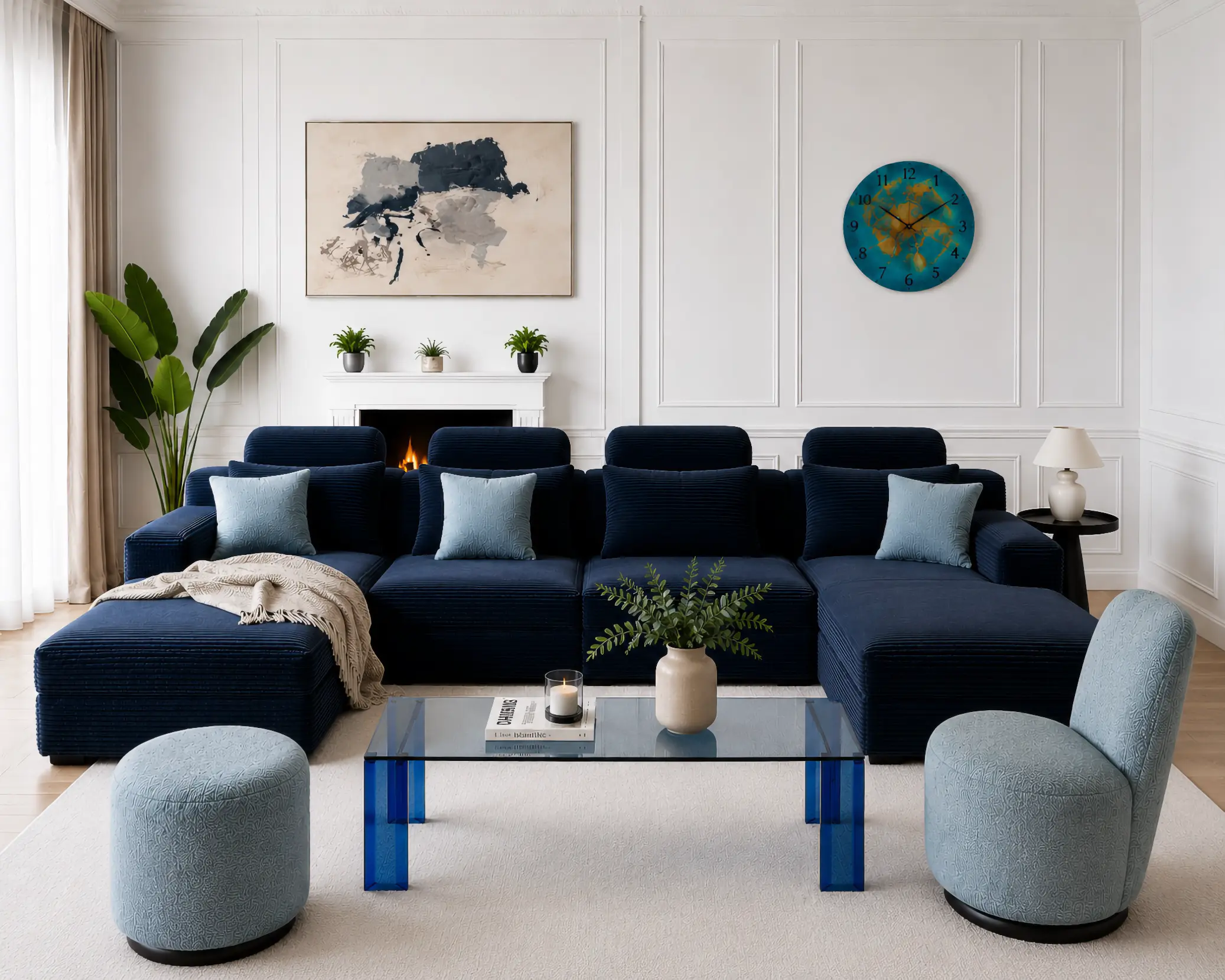 Salon contemporain bleu marine après aménagement